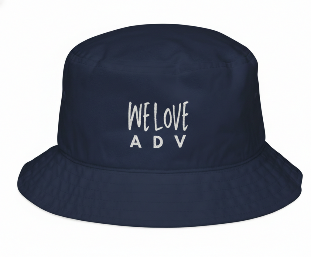 Navy bucket hat with 'WE LOVE ADV' text on a white background