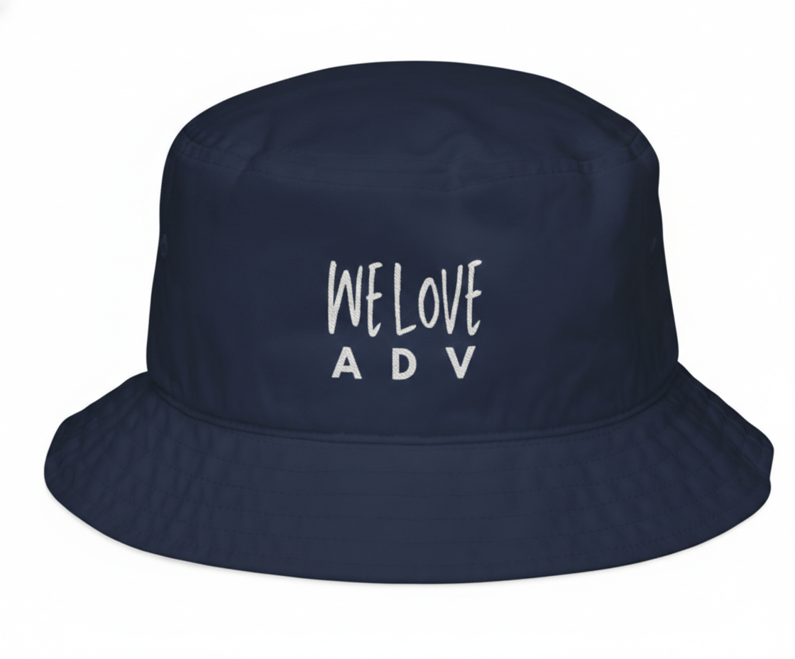 Navy bucket hat with 'WE LOVE ADV' text on a white background