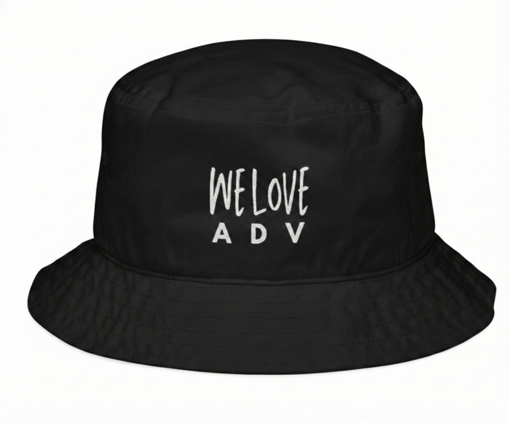 Black bucket hat with 'WE LOVE ADV' text on a white background
