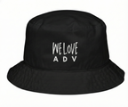 Black bucket hat with 'WE LOVE ADV' text on a white background