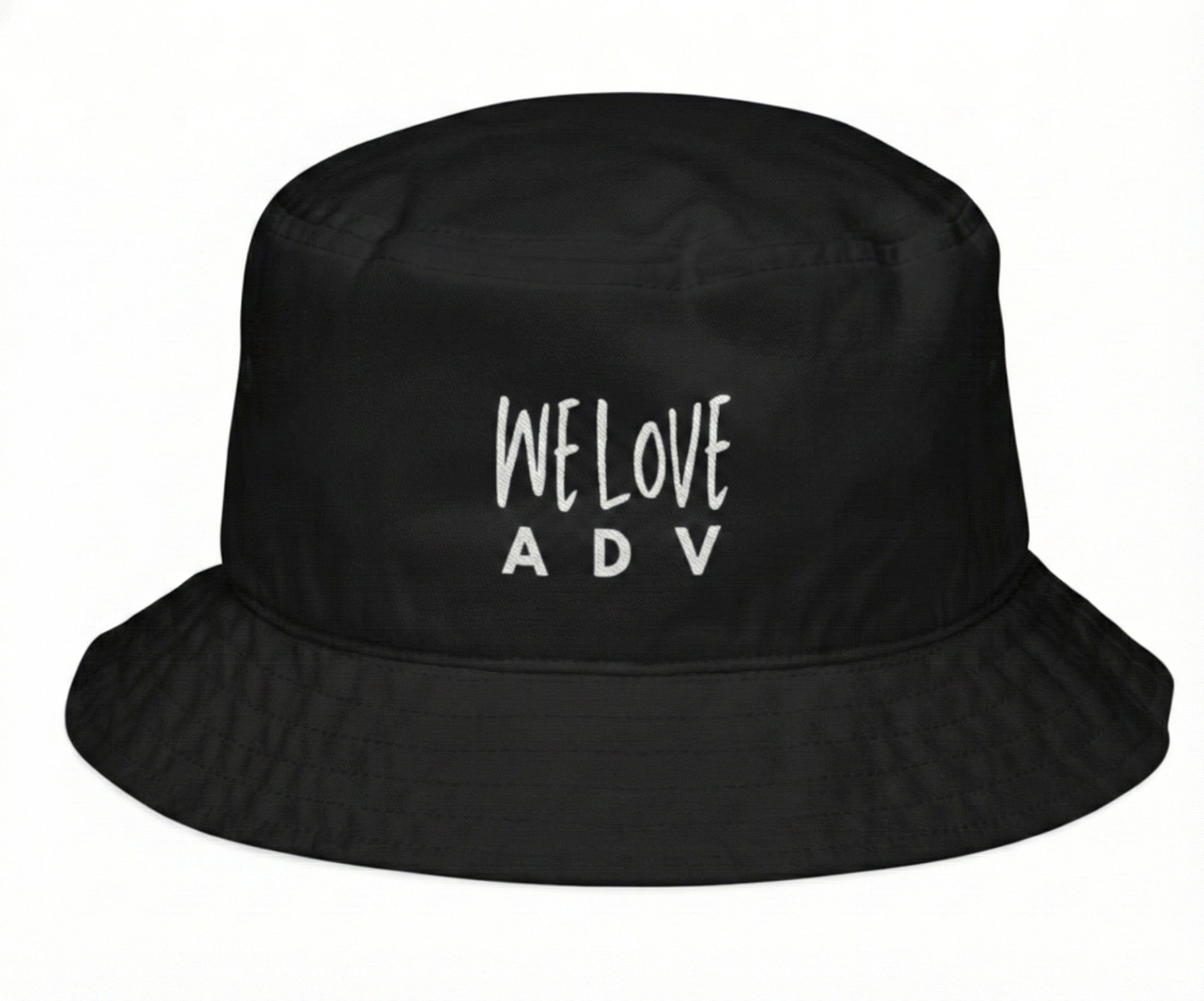 Black bucket hat with 'WE LOVE ADV' text on a white background