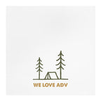 Simple line drawing of a tent between two trees with 'WE LOVE ADV' text on a white background