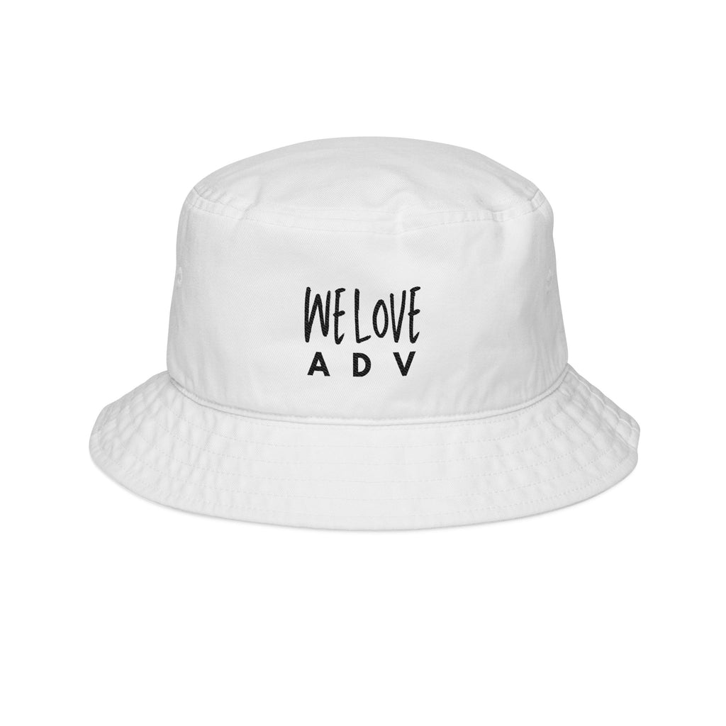 White bucket hat with 'WE LOVE ADV' text on a white background